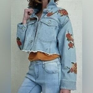 UMGEE jacket denim cropped Large floral embroidered
